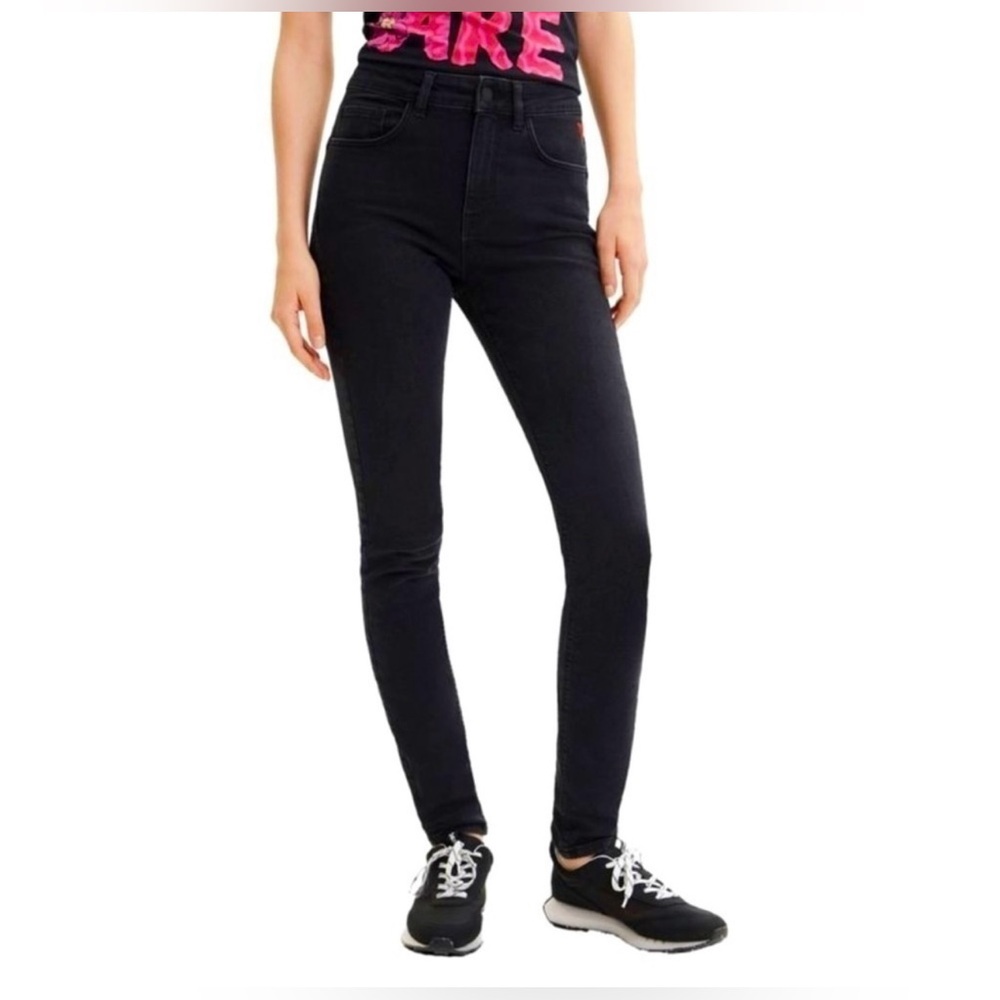 Desigual Black Skinny Jeans With Red Heart Detail Size: 12-14 US
